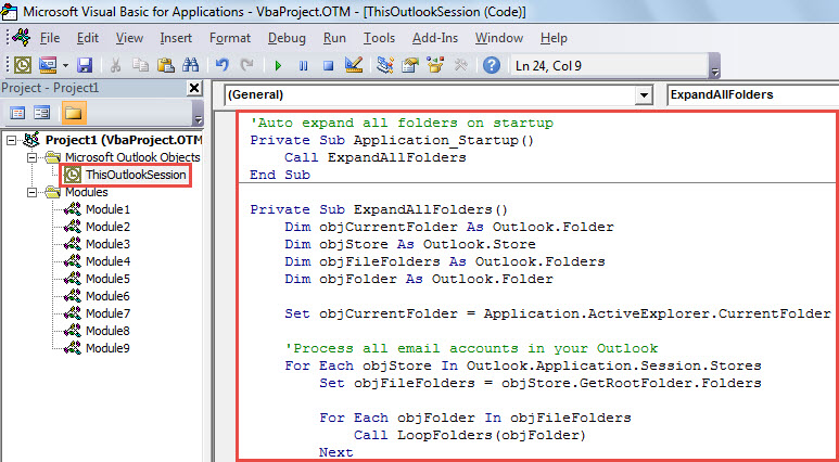 VBA Code - Auto Expand All Folders when Starting Outlook