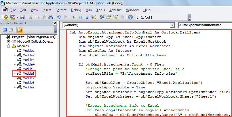 VBA Code - Auto Export the Attachment Information of Incoming Emails to Excel