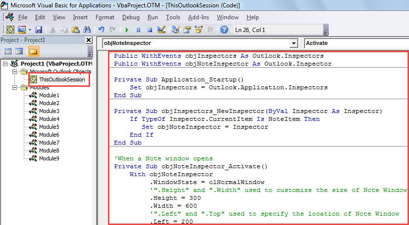 VBA Code - Customize the Size and Position of Outlook Note Window