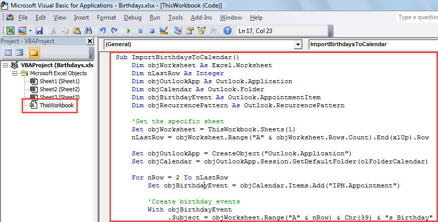 VBA Code - Batch Import the Birthdays from Excel to Outlook Calendar