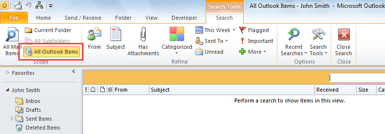 Search All Outlook Items