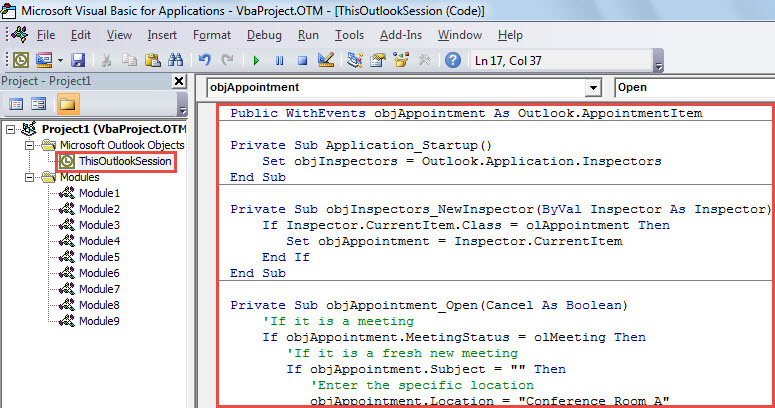 VBA Code - Auto Set the Default Location for Meetings You Organize