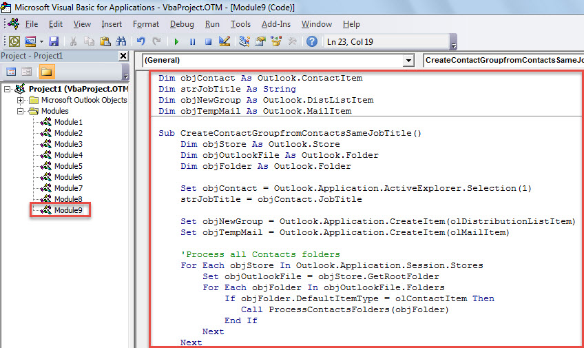 VBA Code - Create a Contact Group from All Contacts with a Specific Job Title