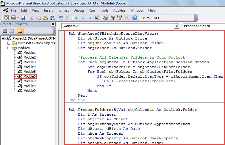 VBA Code - Show the Corresponding Persons' Ages for All Birthday Events in List View