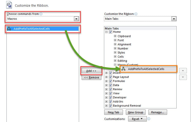 Add Macro to Custom Group in Ribbon