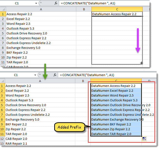 Copy "CONCATENATE" Formula Down