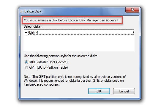 "You must initialize a disk before Logical Disk Manager can access it" in Windows
