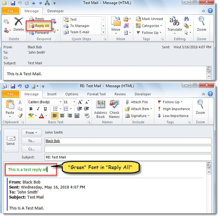 "Green" Font in "Reply All"