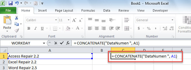 Input "= CONCATENATE("Prefix ", Cell)" Formula in Cell C1