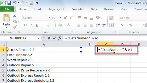 Input "= "Prefix " & Cell" Formula in Cell C1