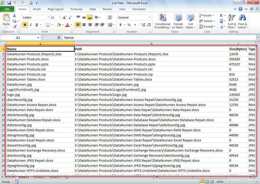 Listed Files in Excel