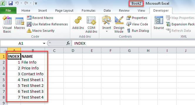 Listed Sheet Names in New Excel Workbook