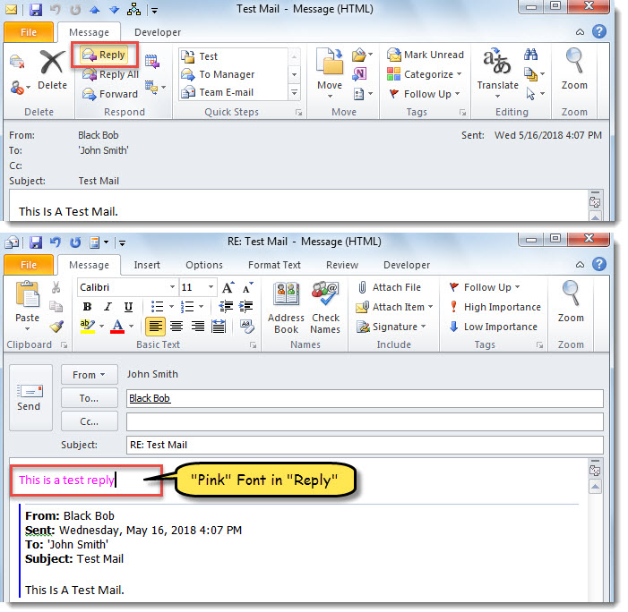 "Pink" Font in "Reply"