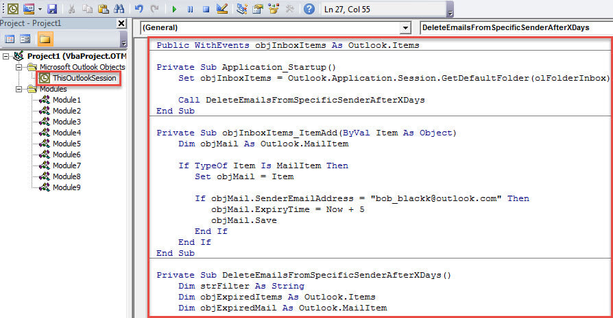 VBA Code - Auto Delete the Emails from a Specific Sender after Specific Days