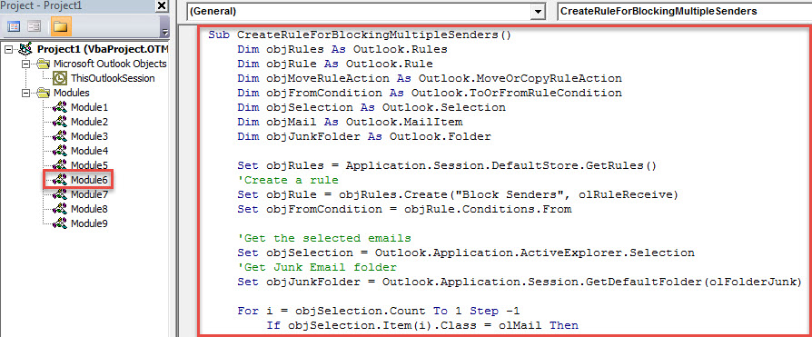 VBA Code - Quickly Create a Rule to Block the Senders of Multiple Emails