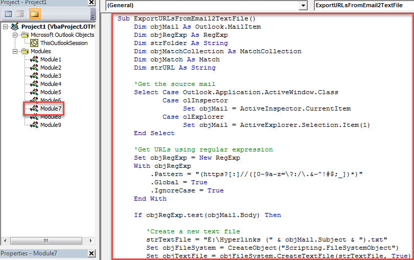 VBA Code - Extract All URLs in an Email to a Text File