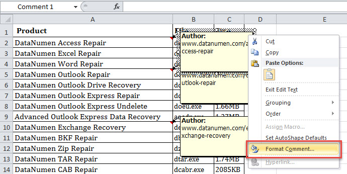 Select "Format Comment" Menu Item