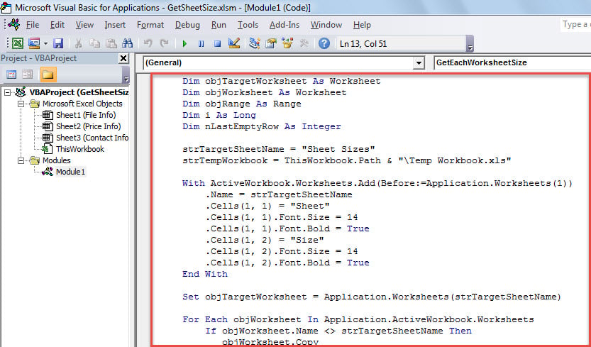 VBA Code - Get the Data Size of Each Worksheet in an Excel Workbook