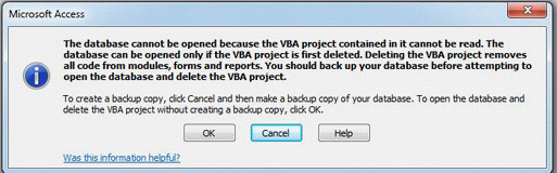 The Database Cannot Be Opened Because The VBA Project Contained In It Cannot Be Read