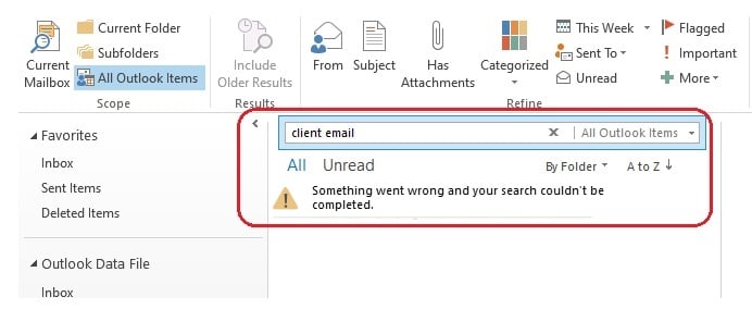 "Something went wrong and your search couldn't be completed" Error in Outlook