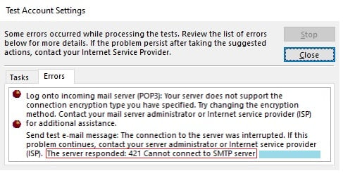 fout bij overgaan naar smtp-server 421