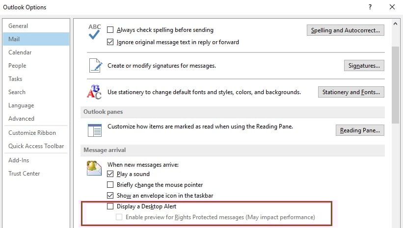 Disable "Display a Desktop Alert" option