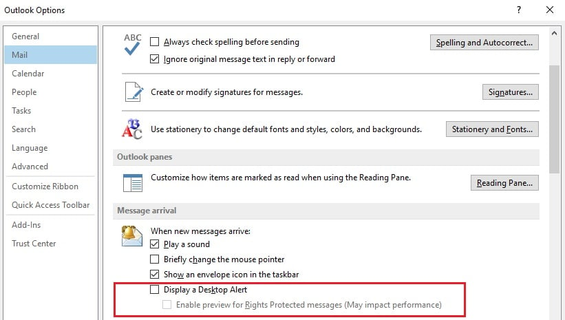 Disable "Display a Desktop Alert" option