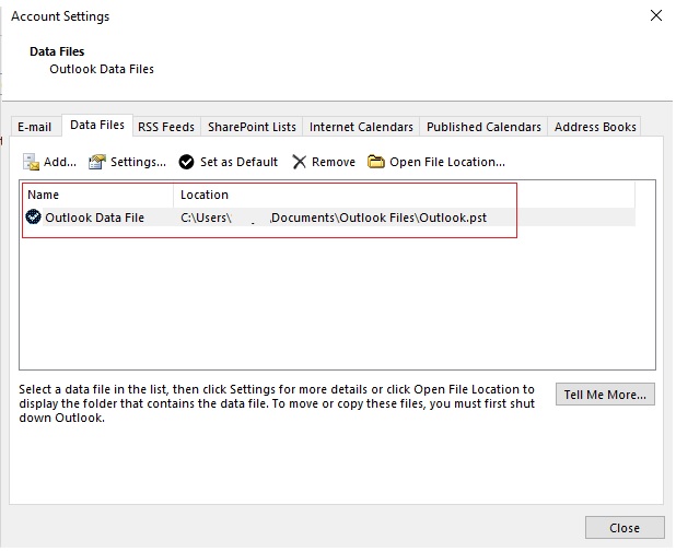 Find the location of the Outlook PST file