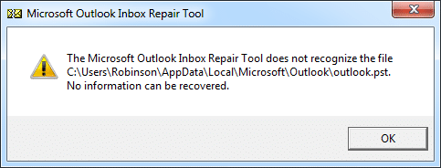 The Microsoft Outlook Inbox Repair Tool does not recognize the file