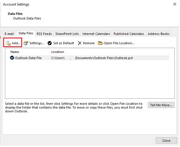 Find PST data file path