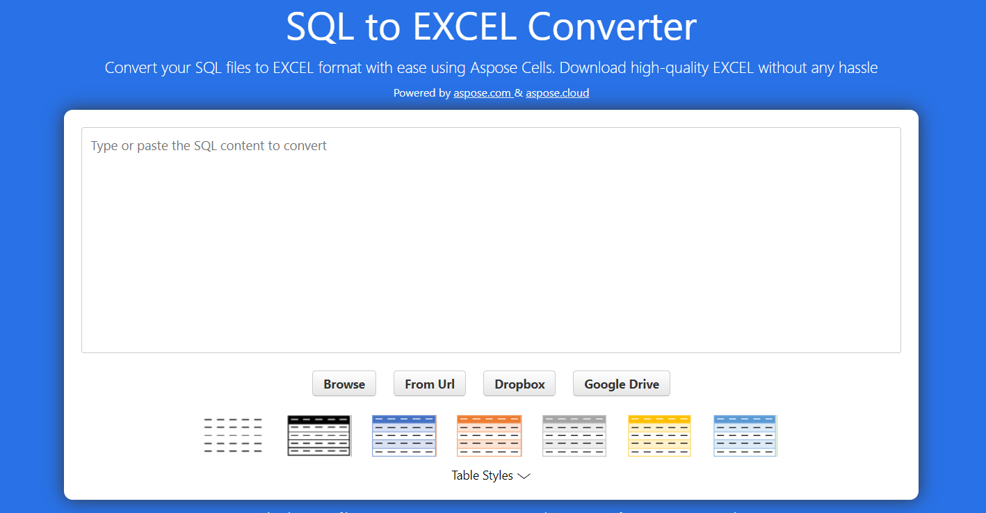 ASPOSE Convert SQL to EXCEL Online