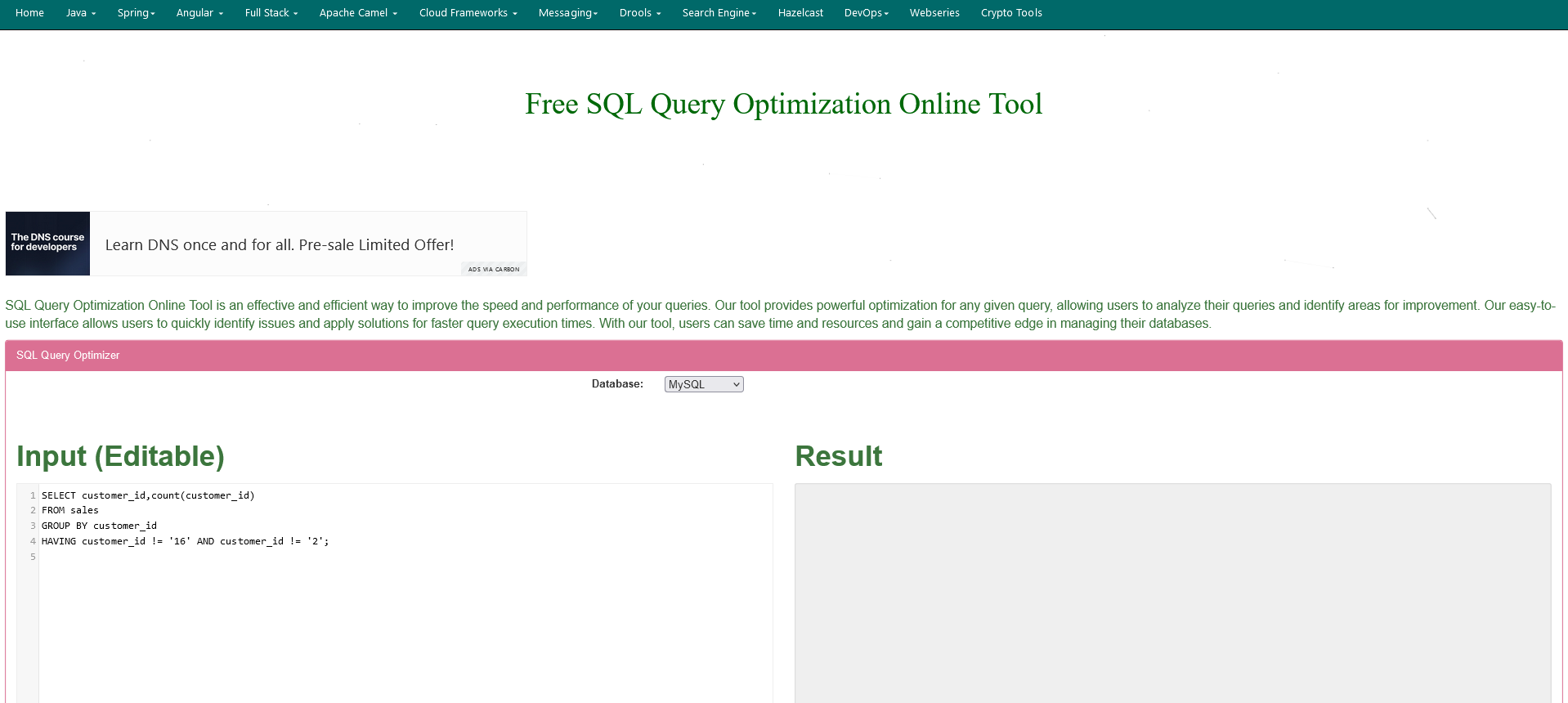 JavaInUse SQL Query Optimization Online Tool