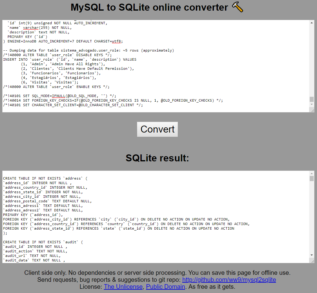 MySQL to SQLite Online Converter