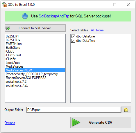 SQLBackup And FTP SQL to Excel Converter