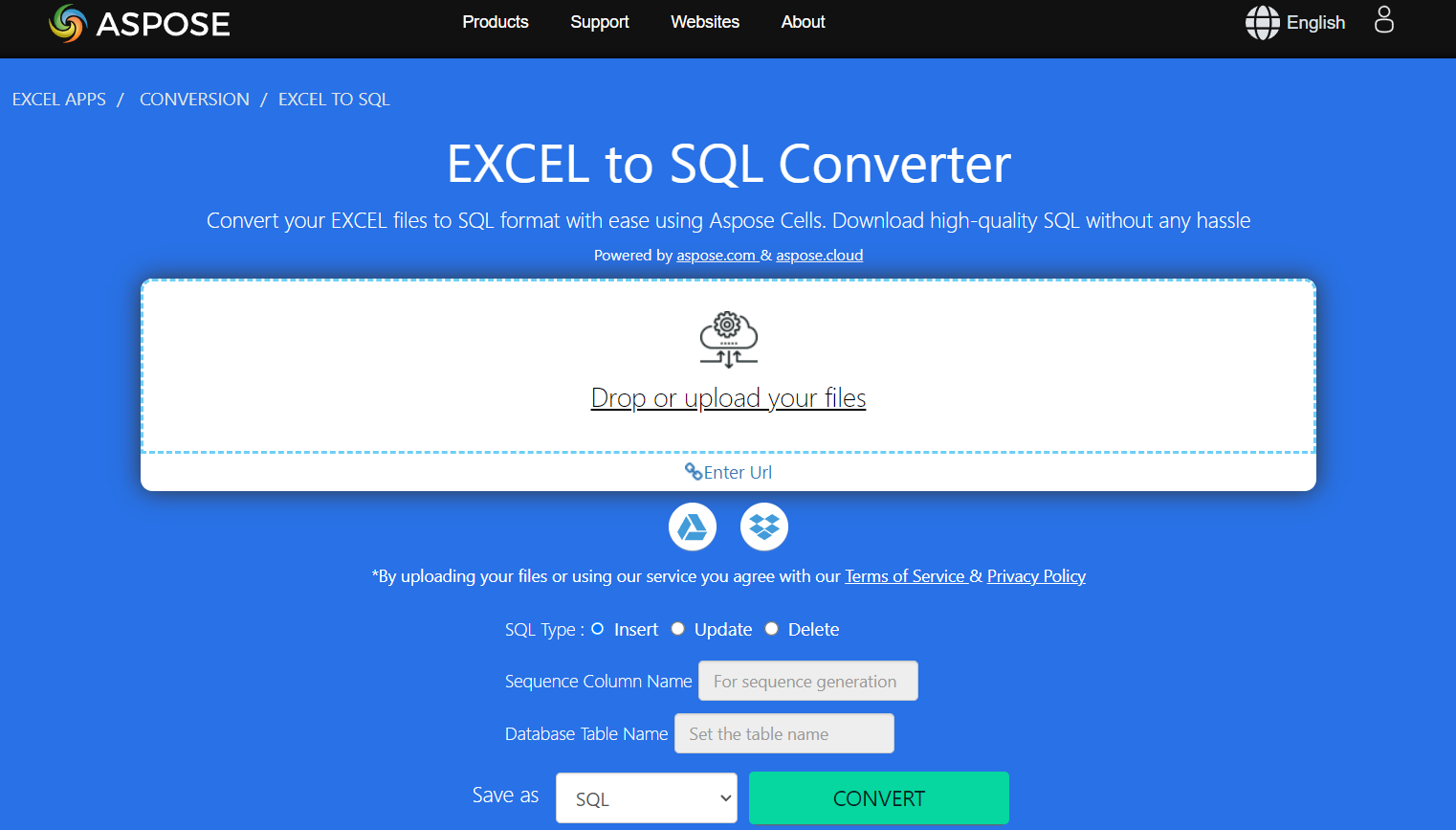 ASPOSE Convert EXCEL to SQL Online
