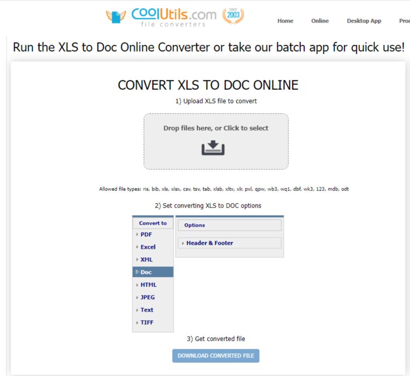 CoolUtils XLS to Doc Online Converter