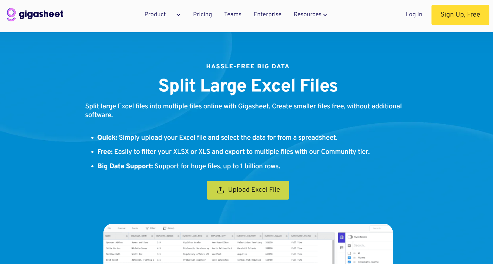 Gigasheet Split Large Excel Files
