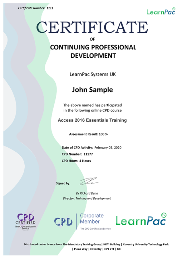 LearnPac Access 2016 Essentials Training – Online Course – CPDUK Accredited