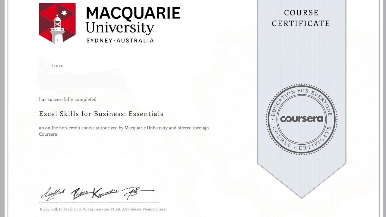 Macquarie University Excel Skills for Business Essentials Via Coursera