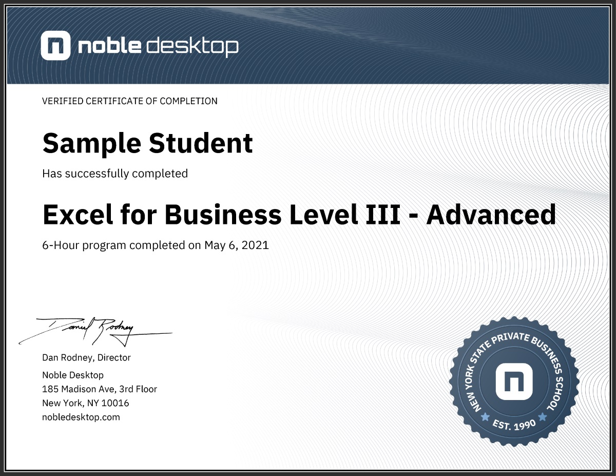 Noble Desktop Excel Certifications and Certificates