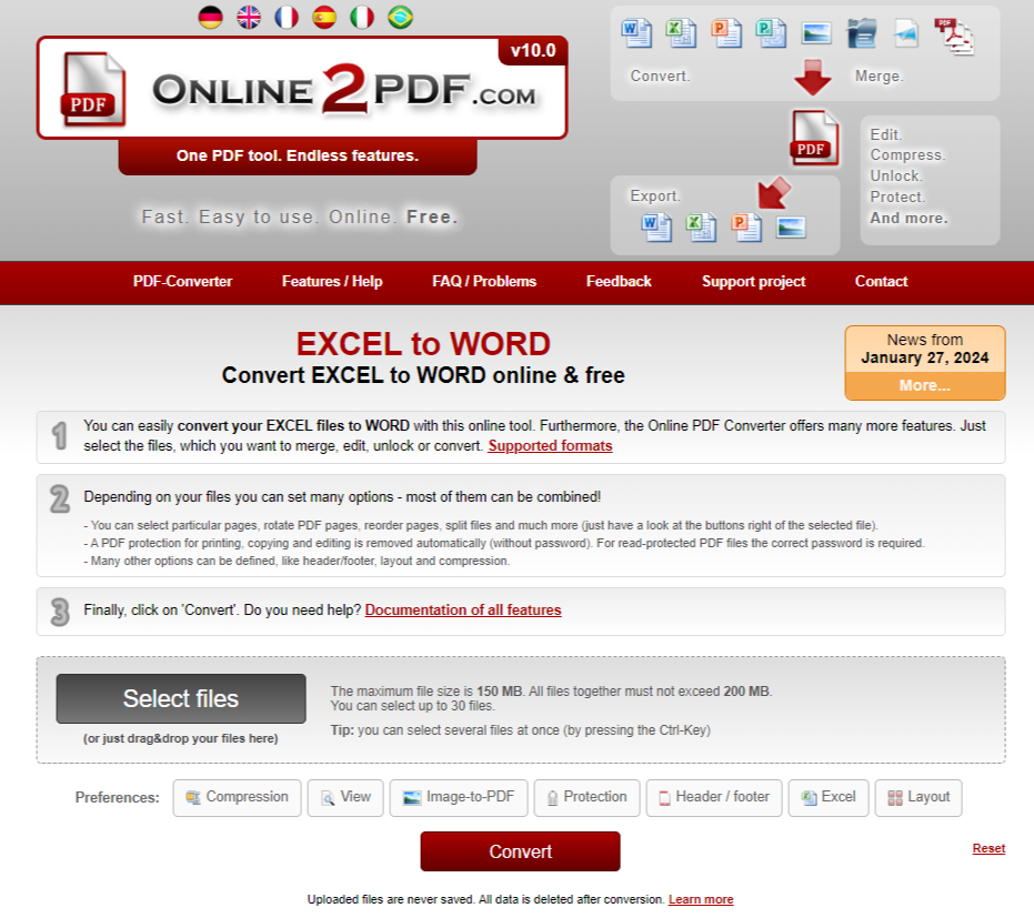 Online2PDF EXCEL to WORD