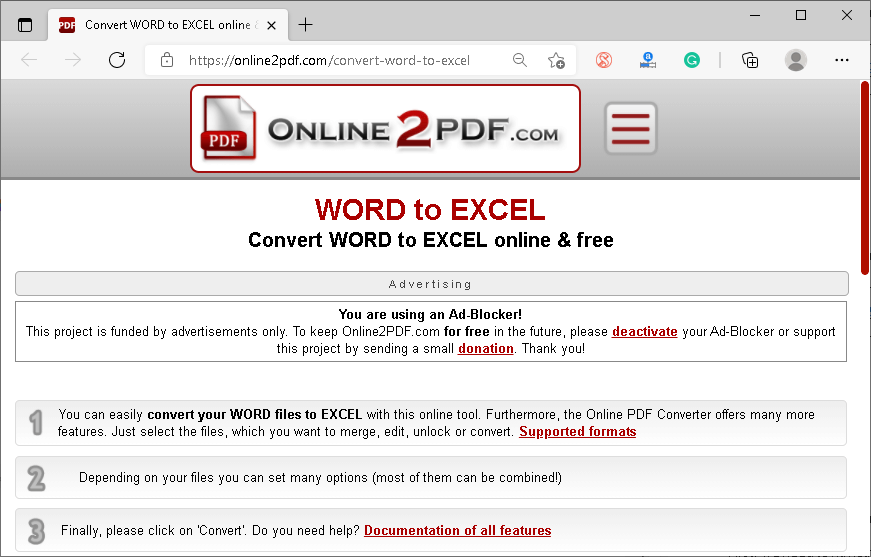 Online2PDF Word to Excel