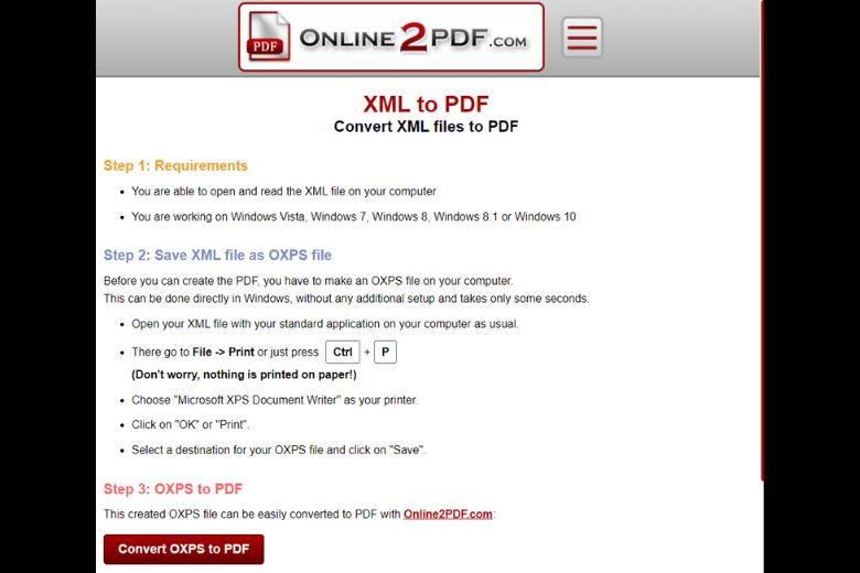 Online2PDF XML to PDF