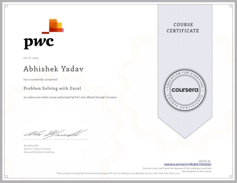 PwC via Coursera Excel Course for Free