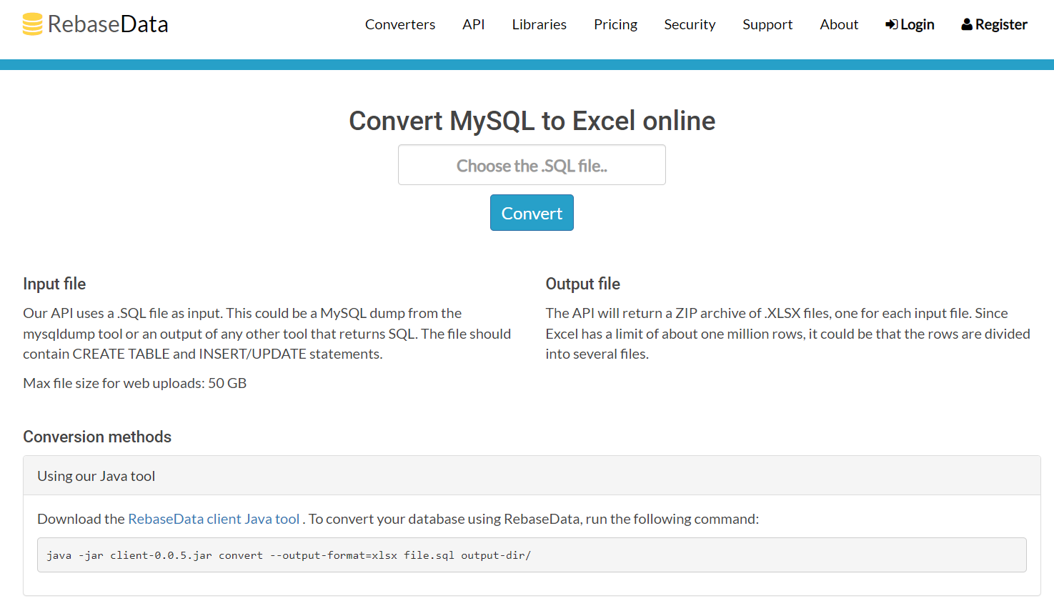 RebaseData Convert MySQL to Excel Online