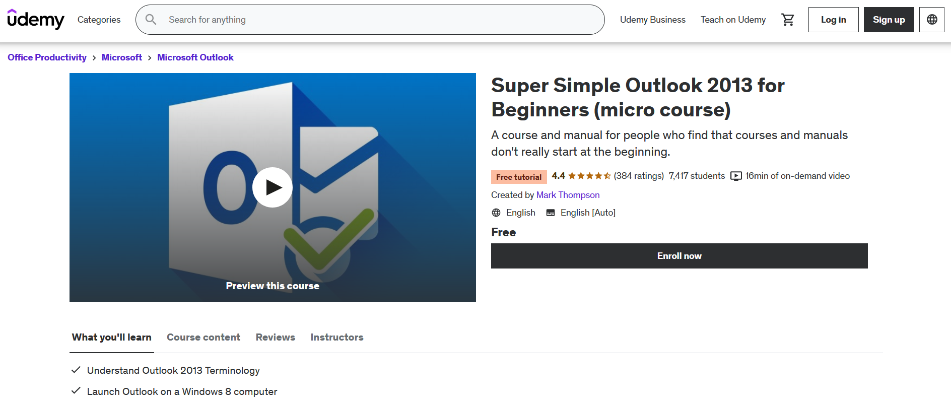 Super Simple Outlook 2013 for Beginners (micro course) via Udemy