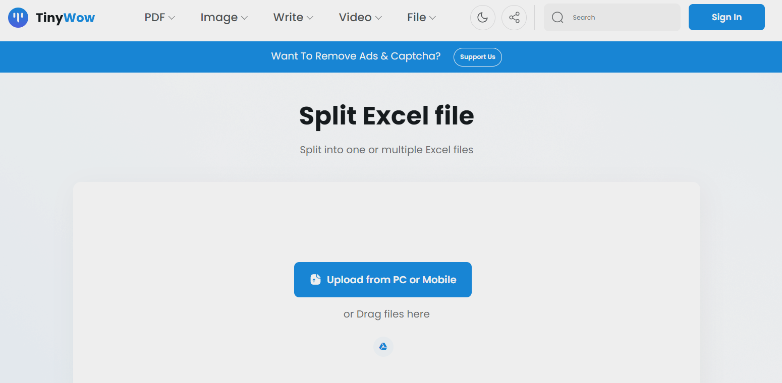TinyWow Split Excel file