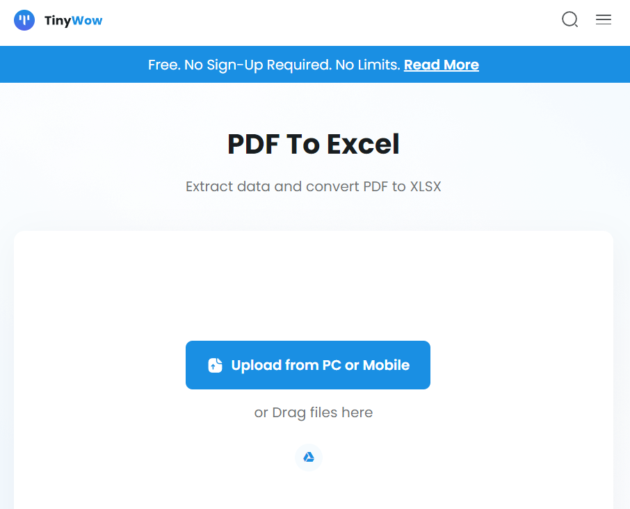 TinyWow PDF To Excel