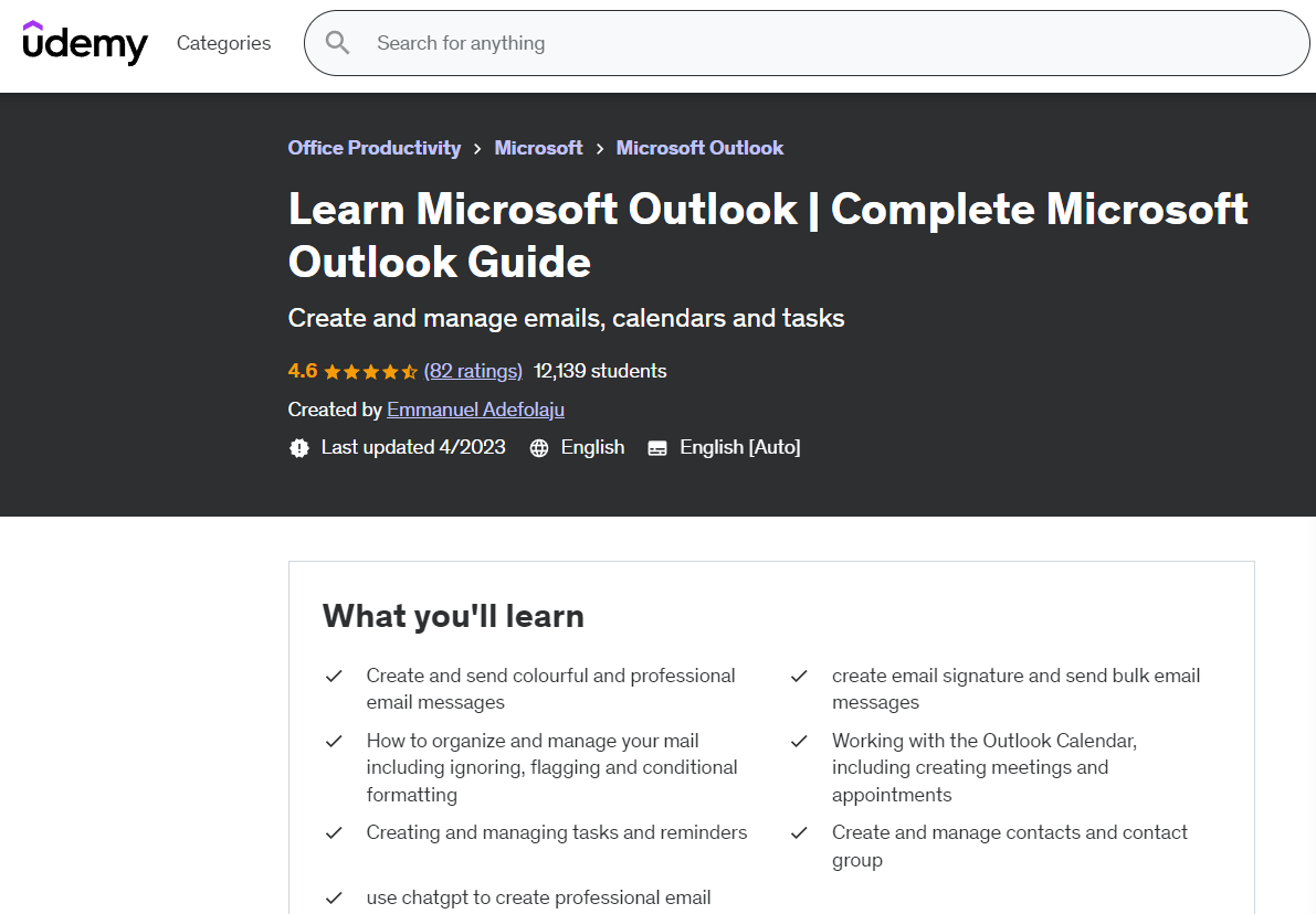 Learn Microsoft Outlook | Complete Microsoft Outlook Guide via Udemy