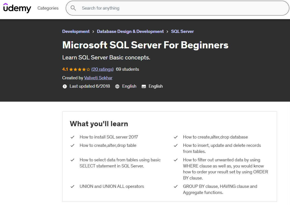 Udemy Microsoft SQL Server For Beginners